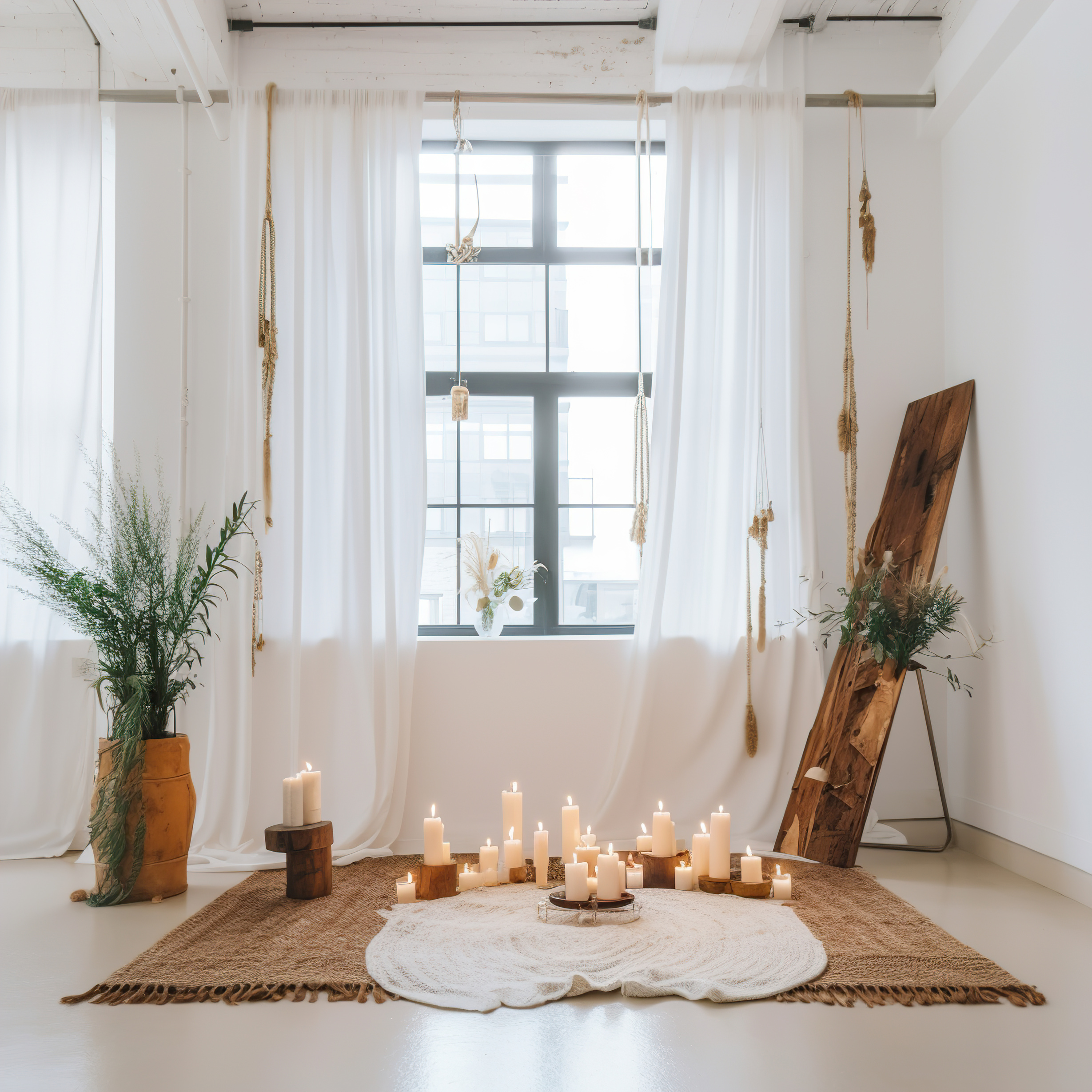 Boho Styled Room with Houseplants and Candles by the Window